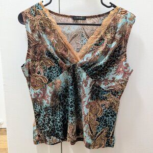 Y2k vintage blue pink and tan cheetah paisley print sleeveless tank top size L